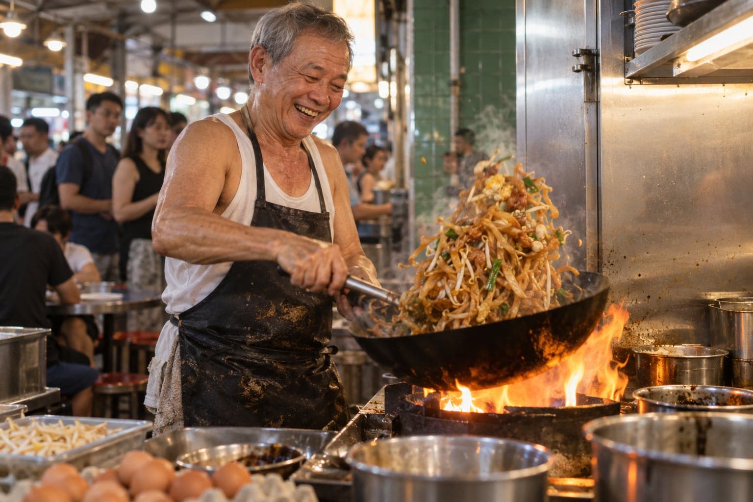 Generated scene: a hawker uncle tossing char kway teow in a flaming wok, smiling