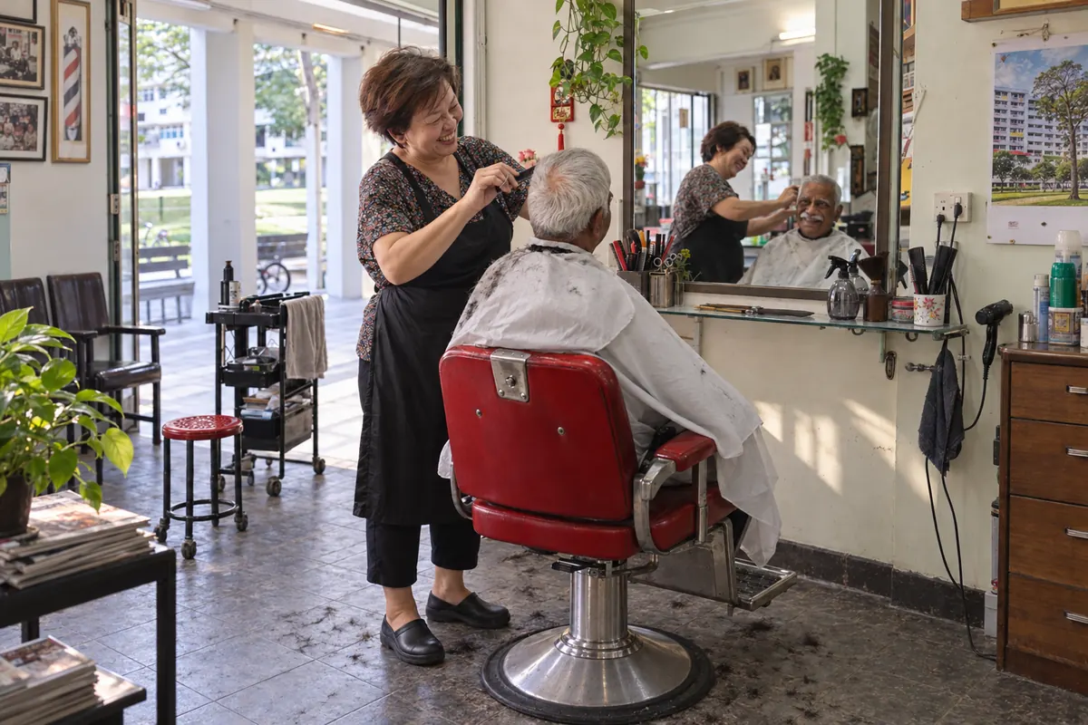 Generated scene: the whole corner of a neighbourhood salon: the hairdresser smiling as she trims an elderly man's white hair in a red barber chair