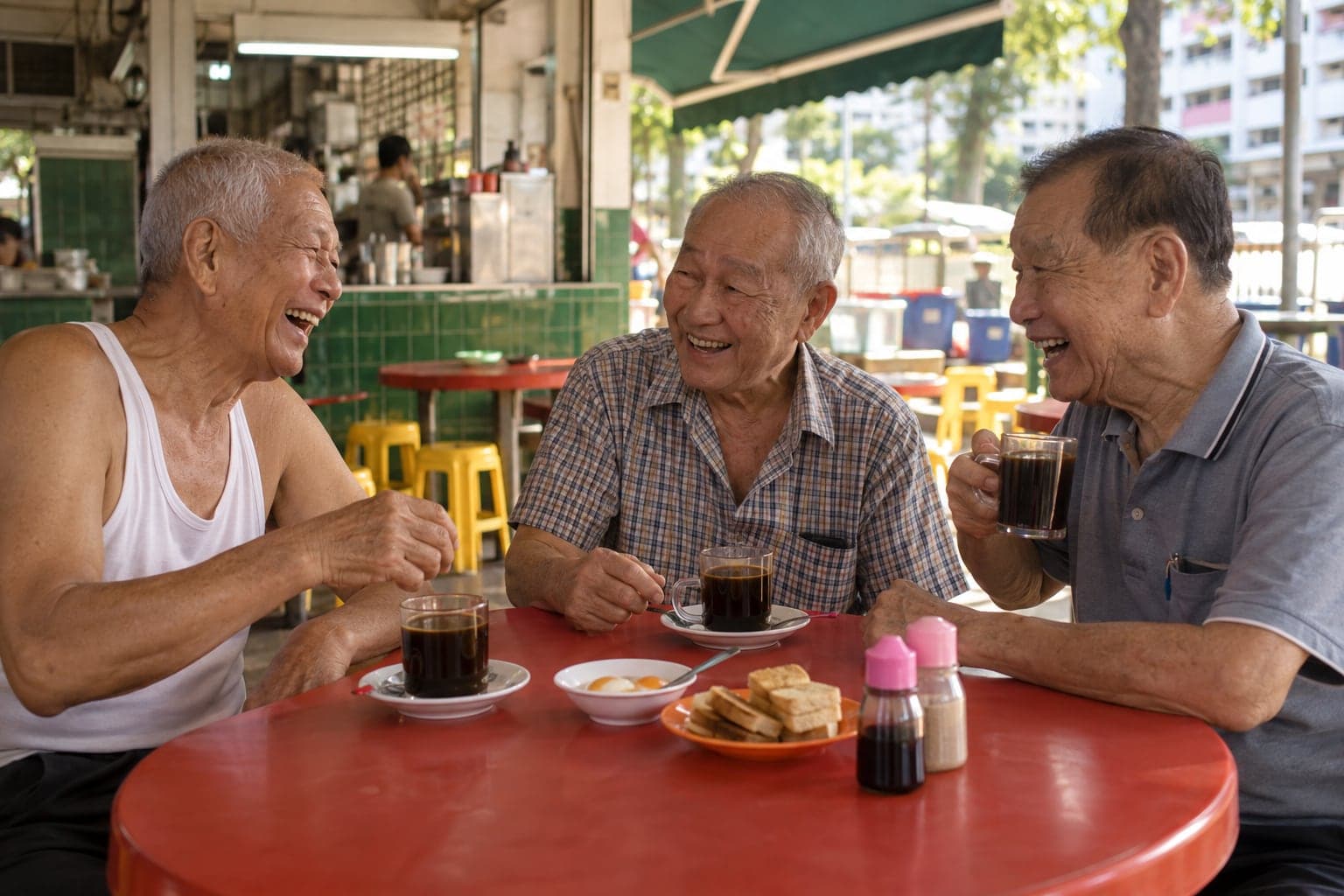 Generated scene: three elderly Chinese men laughing over kopi and kaya toast at a kopitiam table